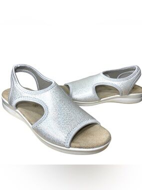 Polyflex Italy Silver Metallic Sandals Sz 39 Comfort Upper Stretch Fabric Sling